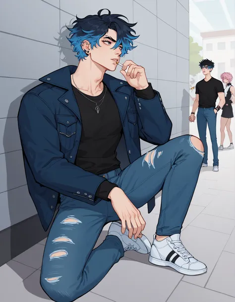 A young man . messy hair, school wall with some blue highlights, olhos cinza, pele clara. He has long hair fringe that covers part of his eyes, has several piercings on her ears, eyebrow piercings. He wears a long loose black shirt and simple, a pastel blu...