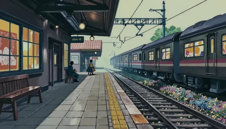 A nostalgic Studio Ghibli-style evening train station, isometric perspective, soft watercolor textures. A lonely man sits on a wooden bench, watching trains pass by. slightly retro train gliding smoothly across the scene (left to right), warm glowing windo...