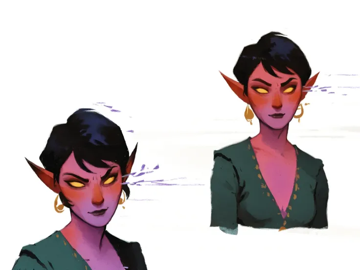 drki, hyper detailed painting of 1girl, vibrant violet skin, in two different poses, ethereal glow, fierce expression, and serene expression, mystical fantasy aesthetic, painterly illustration, gouache painting, flat illustration, 2d art, white background,...