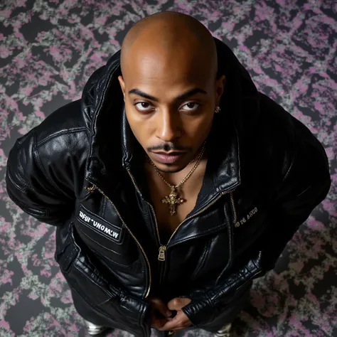 A drone shot of persin Nztykle as a Bald ebony Masculine Male Thug Hoodlem savage in screen ::1 grab footage of a video in the style of travis Scott psychadelic Thumbnail splash screen cover a Hype Williams gangster Rap music video directed by wearing a gu...