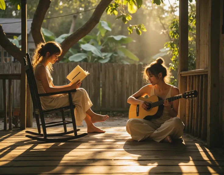 “Golden hour in a quiet southern town. Two casually dressed young women sit on the porch of a weathered wooden house surrounded by lush banana trees and humble fences. One lounges barefoot in a rocking chair, legs casually tucked up, reading a well-worn po...