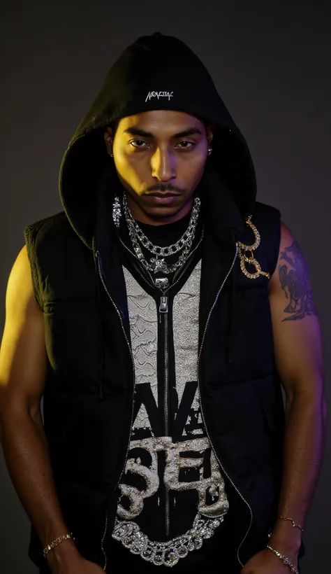 A drone shot of persin Nztykle as a Bald ebony Masculine Male Thug Hoodlem savage in screen ::1 grab footage of a video in the style of travis Scott psychadelic Thumbnail splash screen cover a Hype Williams gangster Rap music video directed by wearing a gu...
