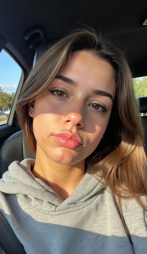 A hyperrealistic vertical flash selfie, taken with harsh direct flash that flattens facial features and casts sharp shadows on the car seat. The woman, Mikayla, is sitting in the passenger seat, framed tightly in a slightly high-angle close-up. Natural day...