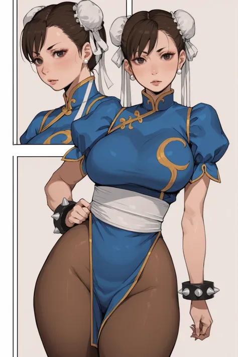 1 plump girl, Chun-Li, brown hair, side bangs, double buns, black eyes, blush lines, pale skin, voluptuous, big breasts, white bun cover, blue leotard, puffy sleeves, blue pelvic curtain, pantyhose, spiked bracelets, simple background, hentai comic, frames...