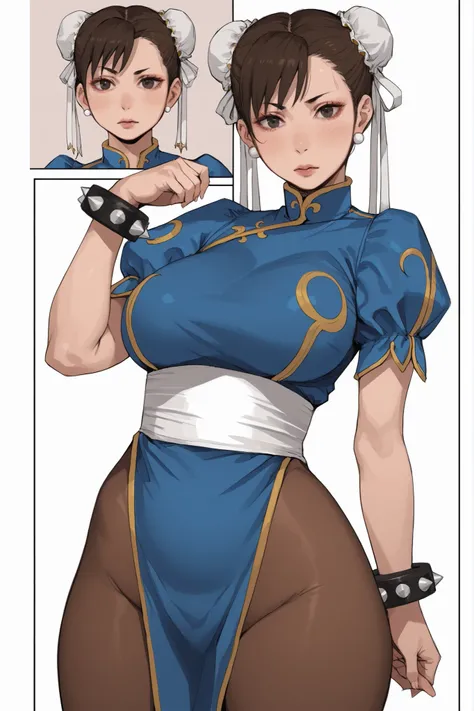 1 plump girl, Chun-Li, brown hair, side bangs, double buns, black eyes, blush lines, pale skin, voluptuous, big breasts, white bun cover, blue leotard, puffy sleeves, blue pelvic curtain, white sash, pantyhose, spiked bracelets, simple background, hentai c...