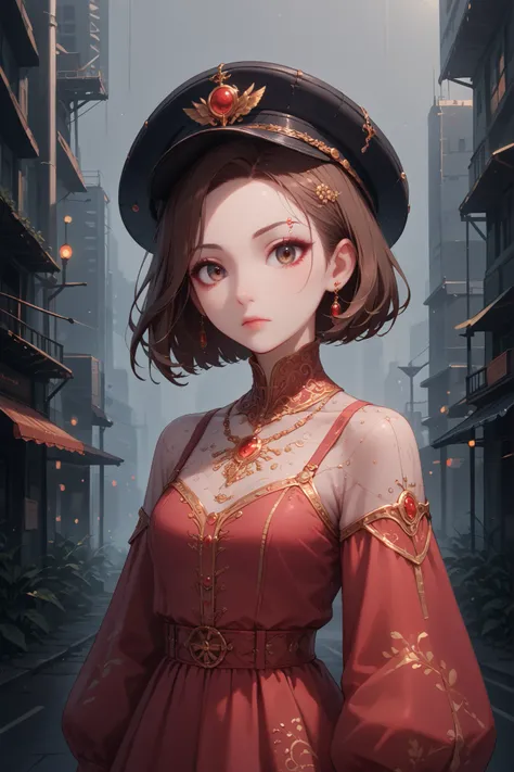 (( A woman of the future walking in the metropolis like any ordinary day wearing a clothing style that references a great style and pattern "Bauhaus style" all differentiated in each subtlety and relief of clothing , nails with reference style "Bauhaus sty...