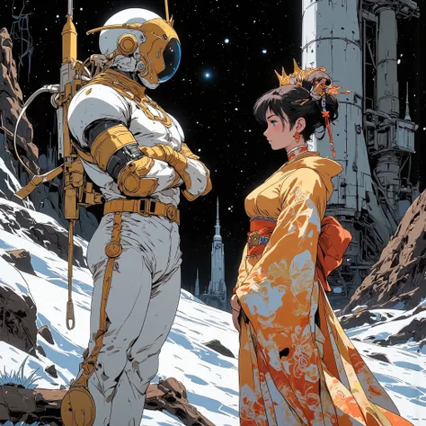 (masterpiece, best quality:1.2),Japanese anime style、Man in a Spacesuit with Arms Crossed 、Woman in a Luxurious Kimono。perfect hand、 man and woman facing each other、
Feather coat、1girl 1boy,,hand,wide shot: Stark, Grey Moon Surface. Reminiscent of the wor...