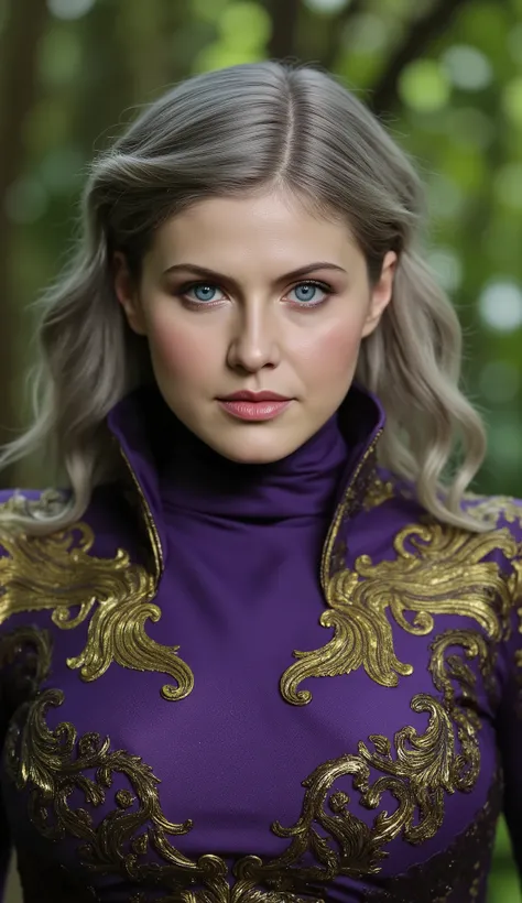 Emilia Clarke as Sindel from Mortal Kombat with her purple and gold clothes and her silver hair/white a hyper realistic image close up upper body hyperdetailed textures the hyperrealistic forest background 200k image
