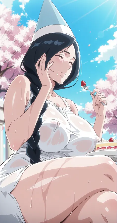 anime coloring, anime screenshot, masterpiece, best quality, amazing quality, detailed face, perfect fingers, 
 outside an elegant mansion, cherry blossom tree, blue sky, retsu_Unohana, 1 girl, breasts, alone, closed mouth, cowboy shot, smile, collarbone, ...