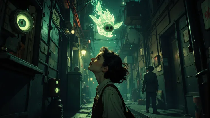 A dark alleyway lit only by a faint, eerie black light glows with an otherworldly intensity. Alice Liddell's eyes widen in madness as she stares upwards at a fisheye lens-distorted view of a creepy glowing geometrical fish hovering above a radio tower. The...