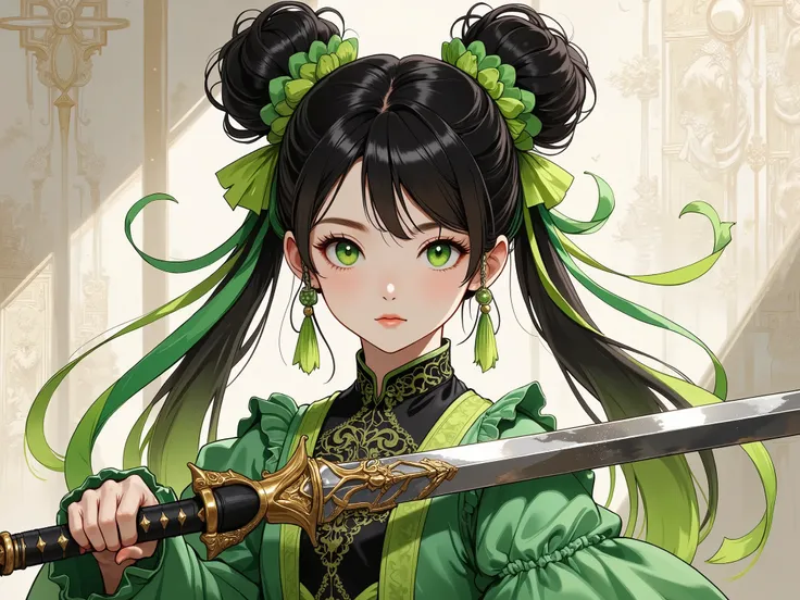 A petite female warrior, 155cm tall, appearing adolescent yet possessing a determined aura. Her black roots subtly blend into vibrant lime-green hair styled in playful yet elegant twin buns. Large, expressive emerald-green eyes, hinting at vulnerability ...
