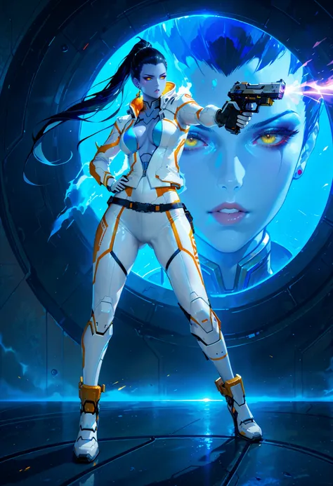 (artist:binggong asylum:1.22), (artist:onineko:0.90), (Widowmaker, Overwatch character), (masterpiece: 1.2), (best_quality: 1.0), (solo: 1.4),  1woman, middle-aged woman, 35 years old, (mature woman, strict facial features, sharp facial features), ((close-...