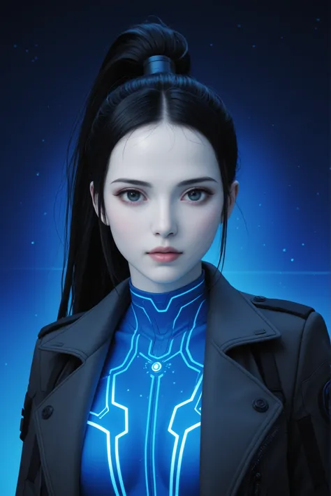Korean woman with very pale skin, wearing a sheering jacket and underneath a futuristic skin tigh nano enhanced a suit, background of Fate blue glow, black hair, Fring and ponytail, high quality details