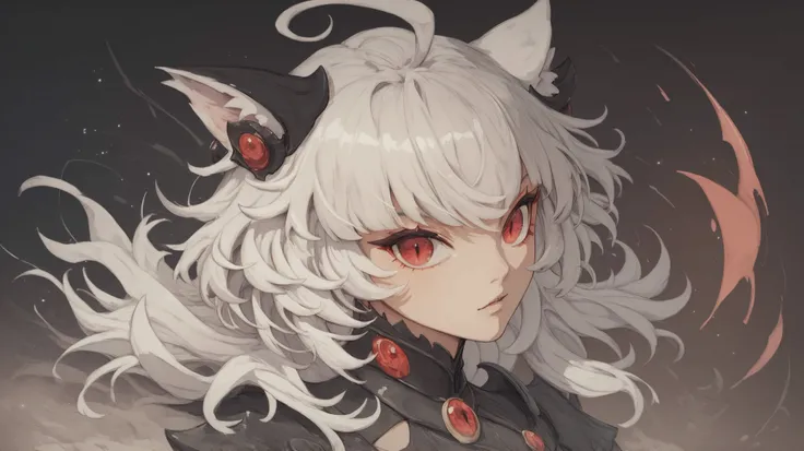 Arrisa ((cat girl)), (red eyes), (medium hair), (( white hair, (Ahoge), straight bangs,)), (solo el brazo derecho demoniado completamente rojo), (de fondo un ambiente post apocalíptico), 