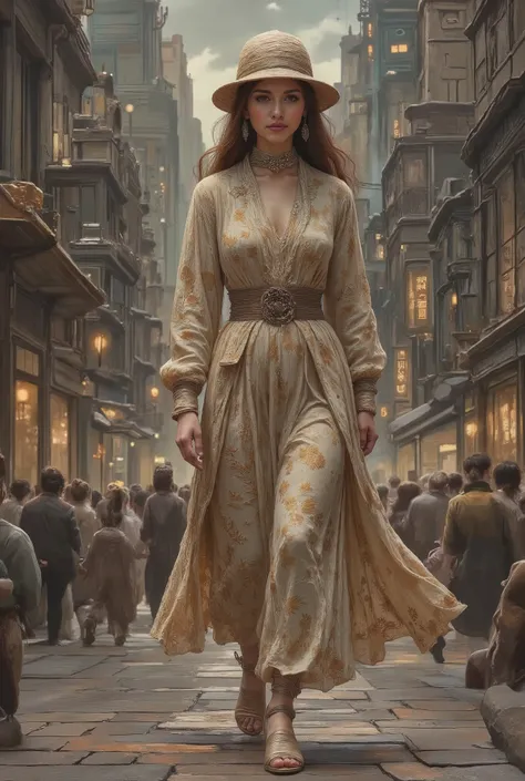 (( A woman of the future walking in the metropolis like any ordinary day wearing a clothing style that references a great style and pattern "Bauhaus style" all differentiated in each subtlety and relief of clothing , nails with reference style "Bauhaus sty...