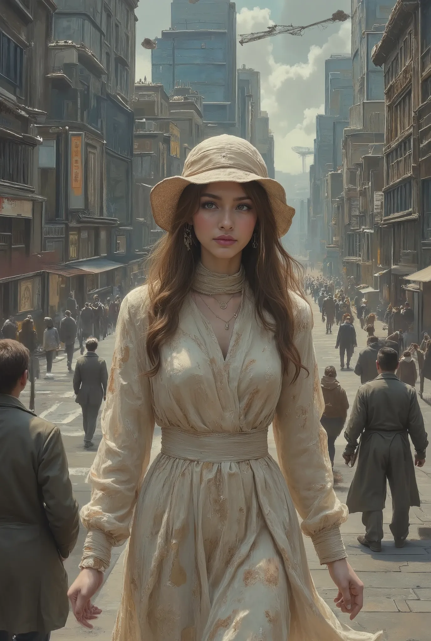 (( A woman of the future walking in the metropolis like any ordinary day wearing a clothing style that references a great style and pattern "Bauhaus style" all differentiated in each subtlety and relief of clothing , nails with reference style "Bauhaus sty...