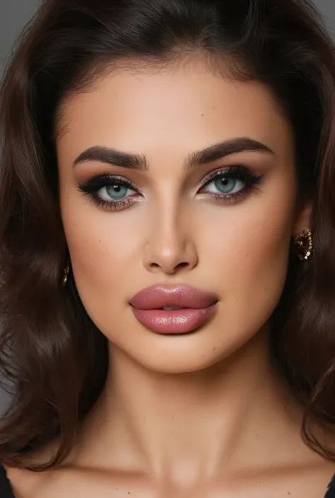 A blend between Aletta_Ocean and Taylor_Hill face, bust portrait, beautiful young woman, photorealistic, detailed facial features, piercing blue eyes, full and plump lips, flawless skin, dramatic makeup, wavy brown hair, confident and seductive expression,...