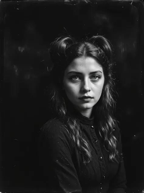 Sexy country gothic girl noir, (darkly surreal and gritty innocence++”), presenting a steamy black and white reportage style documentary photograph of the beautiful bohemian Russian country princess Bella Vonâge. This is her breathtaking pure au natural go...