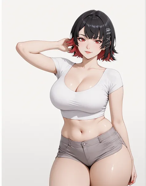 masterpiece, extremely detailed, perfect skin texture, 4k, solo, 1girl, adult,((fullbody)), stand up, ellen joe, sexy legs, perfect body, large breasts, white tshirt, grey shorts, housewife, soft light, high detailed, best quality, midriff, navel, navel li...