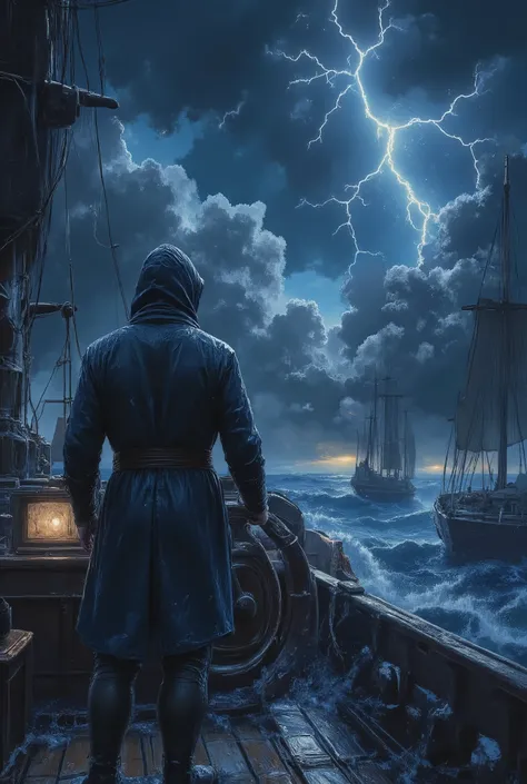 ((Man at the helm of a large sailboat wearing a raincoat)) , (Great lightning storm, thunder and rough sea with gigantic waves ) And skill is what counts at a time like this , recreates the deck of a ship from a small boat),( HD image classic texture of gr...
