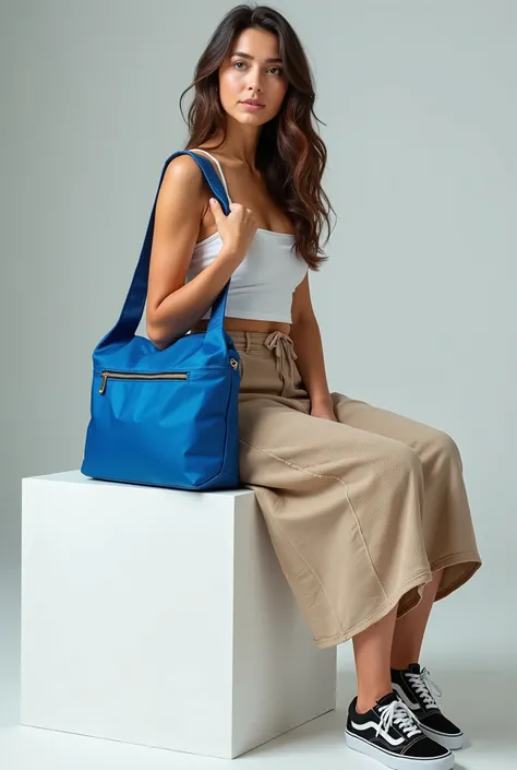 a beautiful Italian woman sitting on a white block, wearing a long skirt and ((Vans® sneakers))), holding a blue thermo bag, Simple bag, flat and straight bag, sacola azul, medium thermal bag, nylon thermal bag, medium thermo bag, Simple bag, realistic pho...