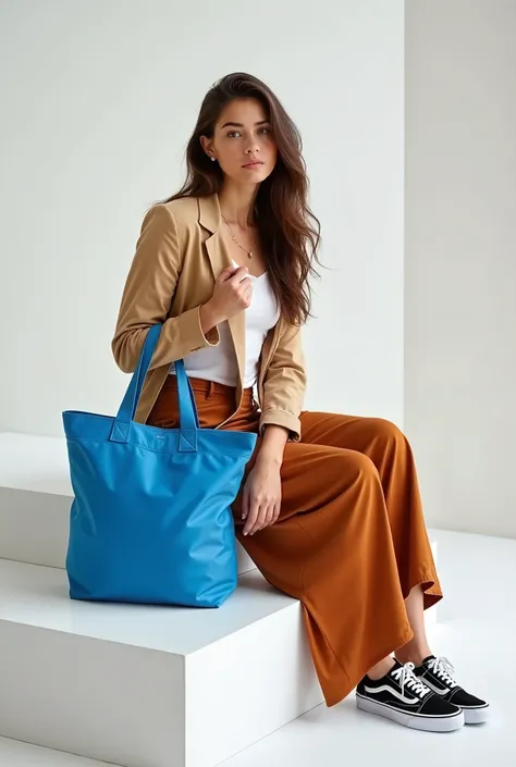 a beautiful Italian woman sitting on a white block, wearing a long skirt and ((Vans® sneakers))), holding a blue thermo bag, Simple bag, flat and straight bag, sacola azul, medium thermal bag, nylon thermal bag, medium thermo bag, Simple bag, realistic pho...