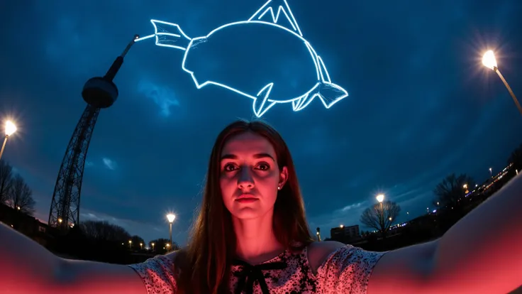 A surrealistic cityscape at dusk, captured with a fisheye lens and black light. Alice Liddell's figure, dressed in a madcap ensemble, looms large amidst eerie street lights. Her eyes seem to pierce through the darkness, as if hypnotized by the glowing geom...