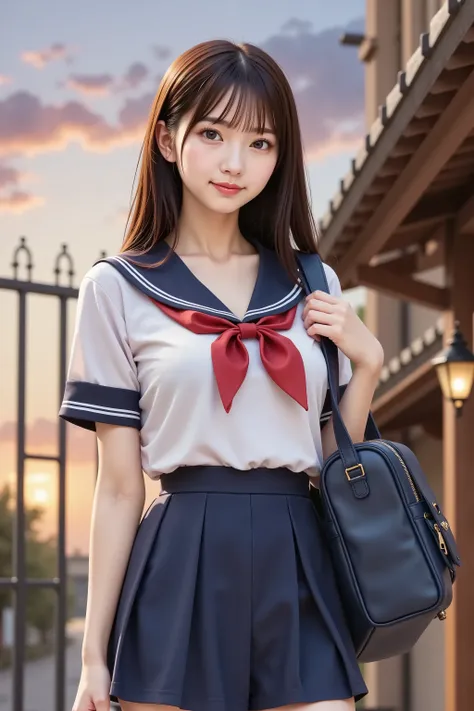 by adjusting the framing so the subject's full head is visible within the composition, a highly detailed and realistic digital illustration of a female character in a stylized military-inspired fantasy outfit, Large breast, taut , cleavage, smile, A highly...