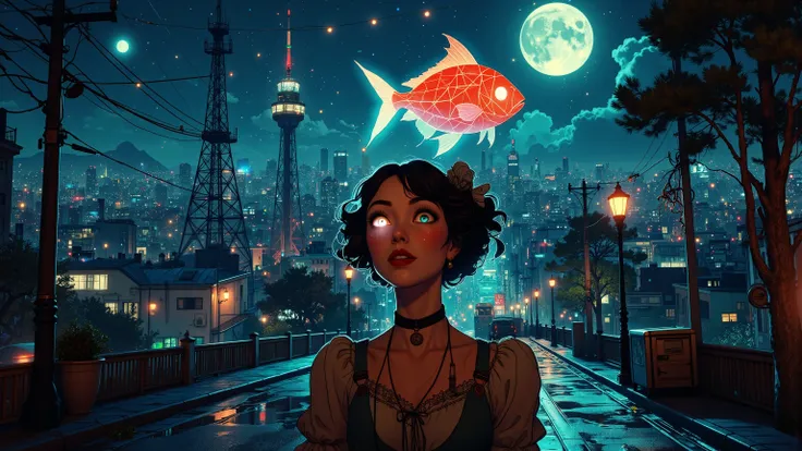 A surrealistic cityscape at dusk, captured with a fisheye lens and black light. Alice Liddell's figure, dressed in a madcap ensemble, looms large amidst eerie street lights. Her eyes seem to pierce through the darkness, as if hypnotized by the glowing geom...