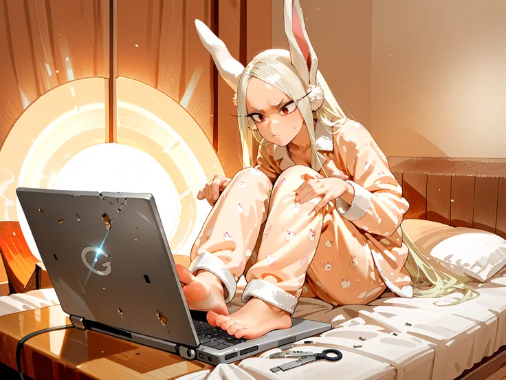 los dedos de The feet on the laptop ,Mirko or Rumi Usagiyama from My Hero Academia, with your feet resting on the keys of the laptop, type with your feet, You are comfortable in your room, in pajamas, barefoot, sitting on a broken bed with his feet above t...