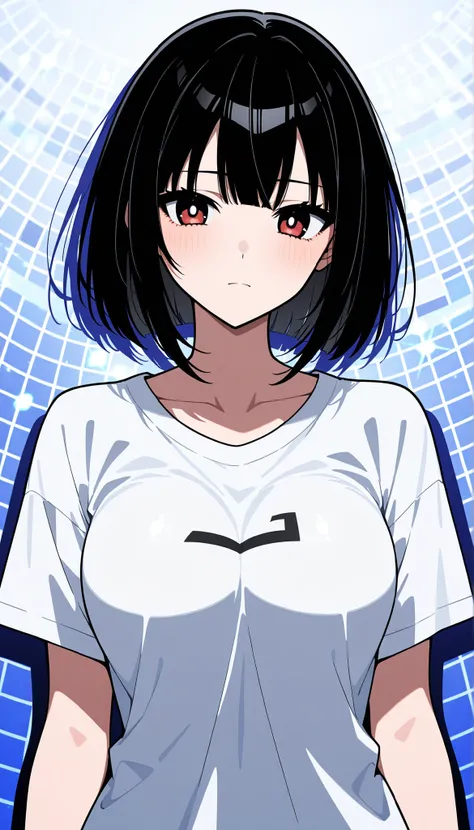 (A japanese beautiful girl busty gravure idol wearing a geometric art T-shirt in Bauhaus style:1.5), (Short black hair:1.5)