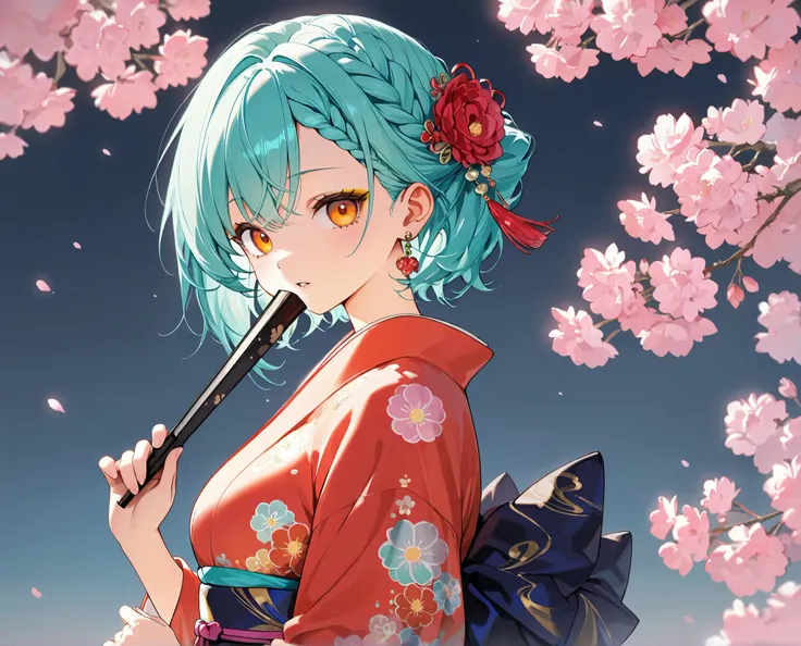 1girl, (solo), absurdres, aqua hair, short hair, braided bangs hairstyle, orange_eyes, golden_eyeshadow, large_breasts, earrings 1girl folding_fan hand_fan holding holding_fan japanese_clothes kimono koi layered_kimono looking_at_viewer open_mouth red_kimo...