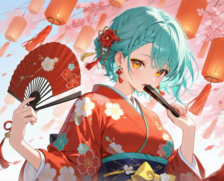 1girl, (solo), absurdres, aqua hair, short hair, braided bangs hairstyle, orange_eyes, golden_eyeshadow, large_breasts, earrings 1girl folding_fan hand_fan holding holding_fan japanese_clothes kimono koi layered_kimono looking_at_viewer open_mouth red_kimo...