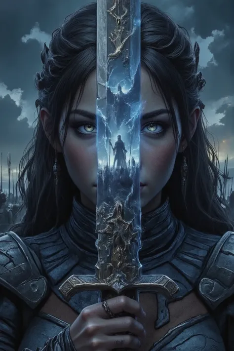 "Hyperrealistic portrait of a fantasy warrior with intense eyes reflecting the image of a dragon flying in a cloudy sky. She holds a sword vertically in front of her face, dividing its face symmetrically. In the reflection of the metallic blade, an army of...