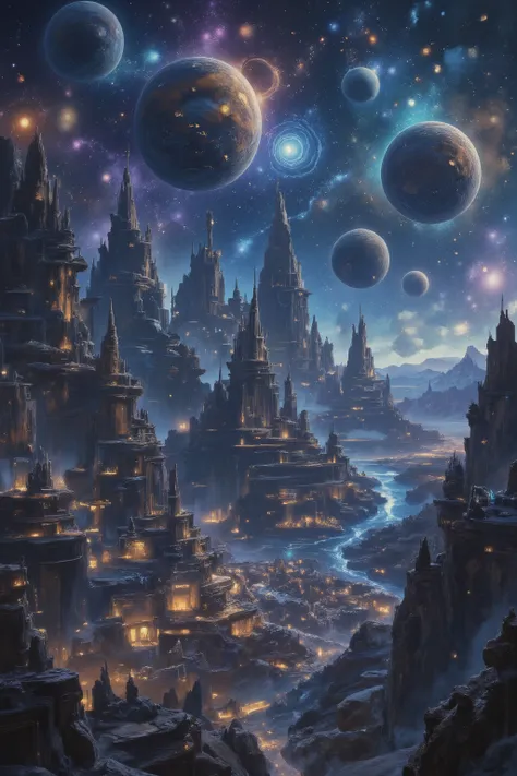 "Epic alien landscape in sci-fi style/fantasy with a futuristic city built along sinuous rivers. Pointed mountains and surreal rock formations dominate the setting. IN THE SKY, gigantic planets and cosmic atmospheres with galaxies, planetary rings and spir...