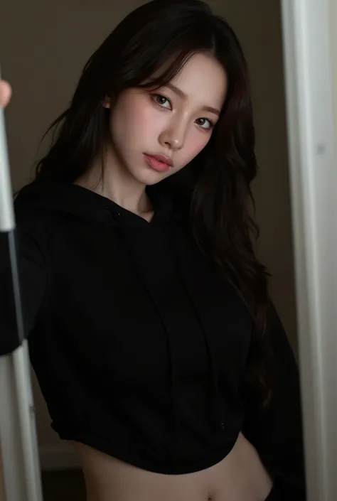 (photorealism:1.2), beautiful young woman, black hoodie over normal in push up, the normal are strong under the the hoodie, selfie in the mirror, focus on the hoodie