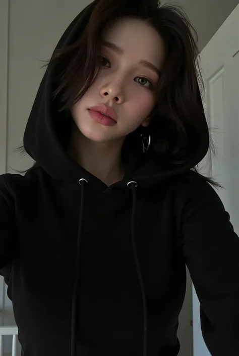 (photorealism:1.2), beautiful young woman, black hoodie over normal in push up, the normal are strong under the the hoodie, selfie in the mirror, focus on the hoodie