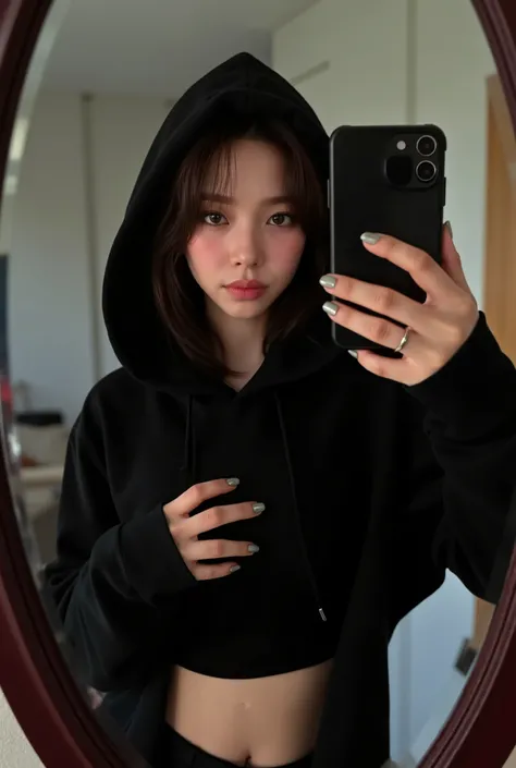(photorealism:1.2), beautiful young woman, black hoodie over normal in push up, the normal are strong under the the hoodie, selfie in the mirror, focus on the hoodie