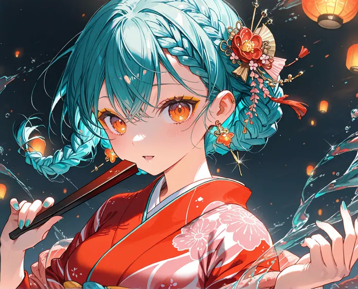 1girl, (solo), absurdres, aqua hair, short hair, braided bangs hairstyle, orange_eyes, golden_eyeshadow, large_breasts, earrings 1girl folding_fan hand_fan holding holding_fan japanese_clothes kimono koi layered_kimono looking_at_viewer open_mouth red_kimo...