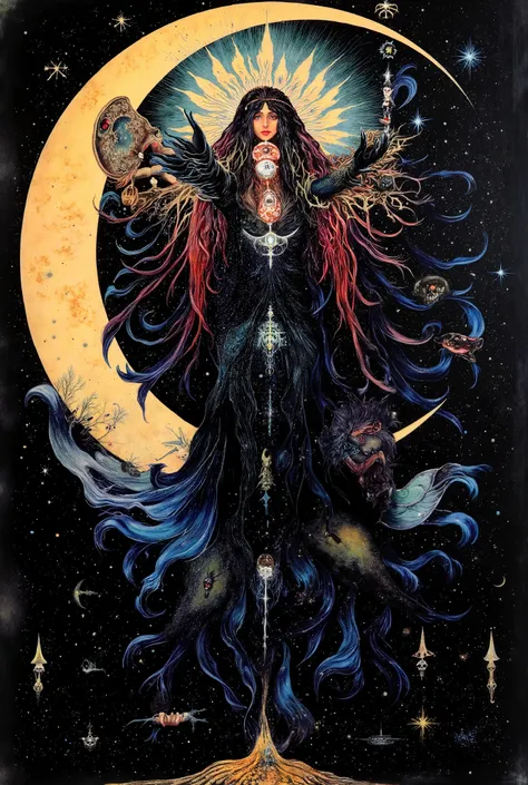 A radiant, ethereal Gothic fairy with flowing dark locks cascading down her shoulders, gracefully perched atop a melting crescent moon adorned with Black Obsidian skulls and bones. Stars gleam and twinkle like celestial jewels in her outstretched hand. Thi...