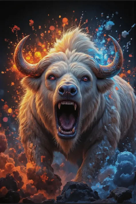 "A realistic White Buffalo roaring with an open mouth highlighted in the center of the image, with fierce expression and intense eyes. Ao fundo, vibrant explosions of paint in splash art style, with vivid colors like red, laranja, amarelo, blue and cyan, f...