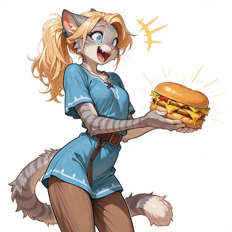 , masterpiece, best quality, amazing quality, toony, katxl, blonde hair down, anthro furry feline, grey striped body, slender body, blue eyes, excited expression, mouth open, small breasts, long blonde hair, hair in ponytail, grey striped fur, cat tail. w...
