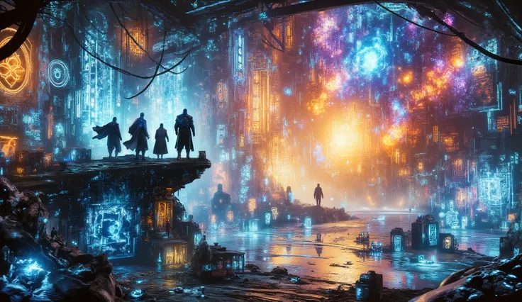 Three galactic knights standing on a cliff above a glowing nebula, star chart capes flowing in zero gravity, surreal sci-fi landscape, magical realism, inspired by Moebius and Giger, intricate light reflections, dreamlike atmosphere,  color palette Maximum...