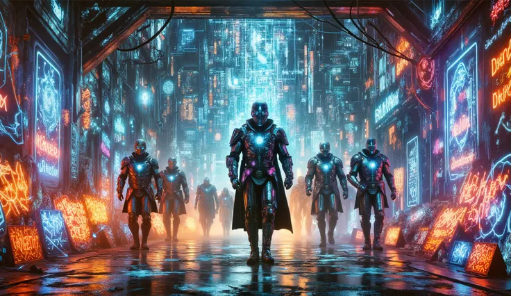 Knights in celestial armor, etched with glowing star maps, marching across a futuristic alien desert, glowing constellations reflected on polished metal, dramatic lighting, cinematic style, space fantasy, ultra-detailed digital painting, color palette Maxi...
