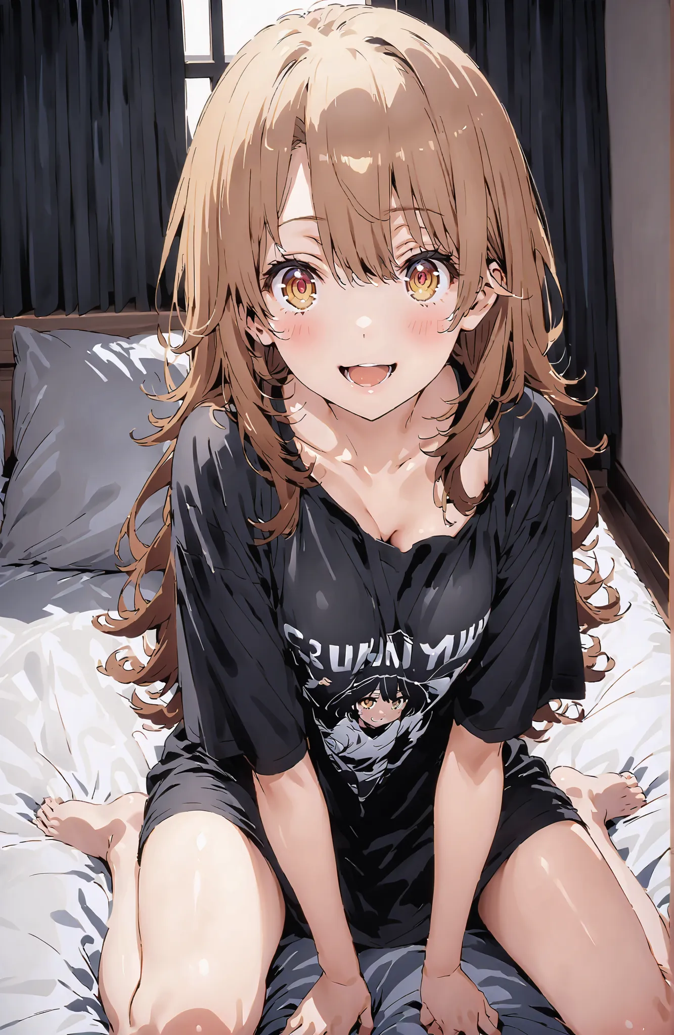 score_9, score_8_up, score_7_up, source_anime,Iroha Isshiki, long hair, brown hair, brown eyes,smile,blush,opens his mouth,oversized t-shirt, one shoulder,Medium breast,Bare legs,bare feet,morning,morning日,interior,curtains,window, bet, betの上に座っている,Waking ...