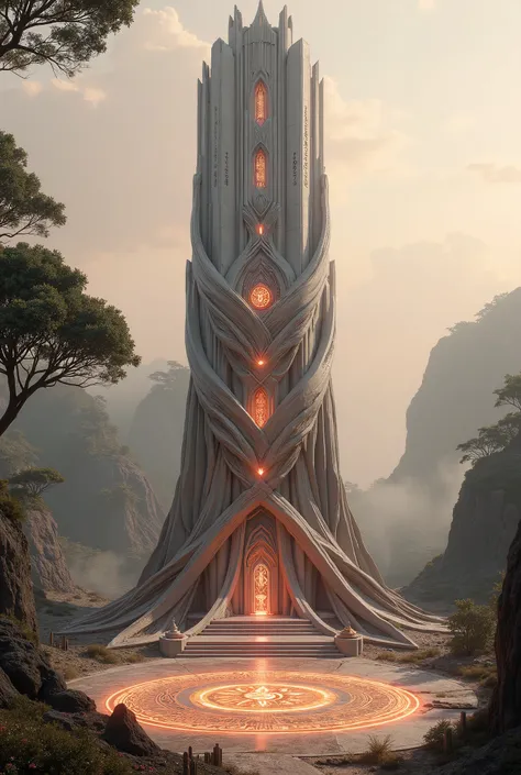 elven tower with magical powers around it and magical circles on the ground emitting red light upwards, 4K, 8K, Unreal Engine.