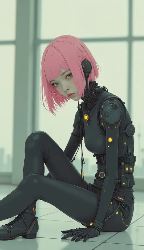 anime girl laying on the ground with her leg up,  Japanese Cyborg , pink bob cut, robot/the appearance of an android with mechanical limbs, Put your elbows on the ground、脚を上に曲げた状態で横になっているポーズアニメマンガrobot!! anime girl, 全身robot!! girl,  anime cyborg , gainoid ...