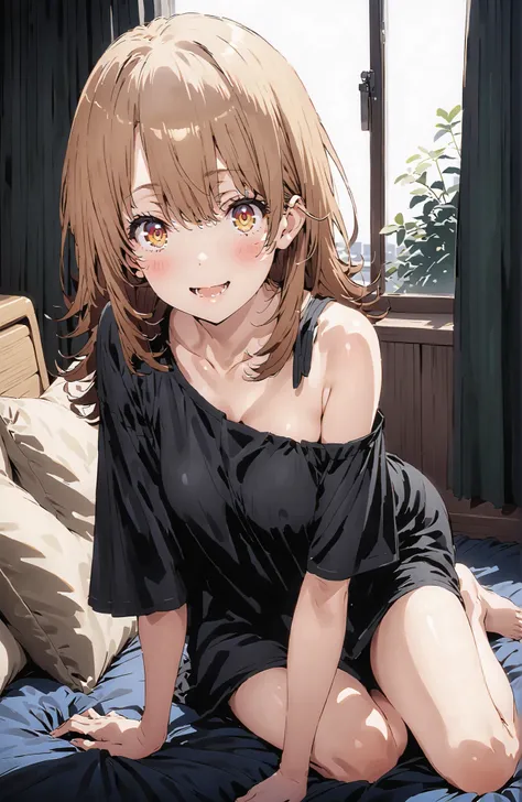 score_9, score_8_up, score_7_up, source_anime,Iroha Isshiki, long hair, brown hair, brown eyes,smile,blush,opens his mouth,oversized t-shirt, one shoulder,Medium breast,Bare legs,bare feet,morning,morning日,interior,curtains,window, bet, betの上に座っている,Waking ...