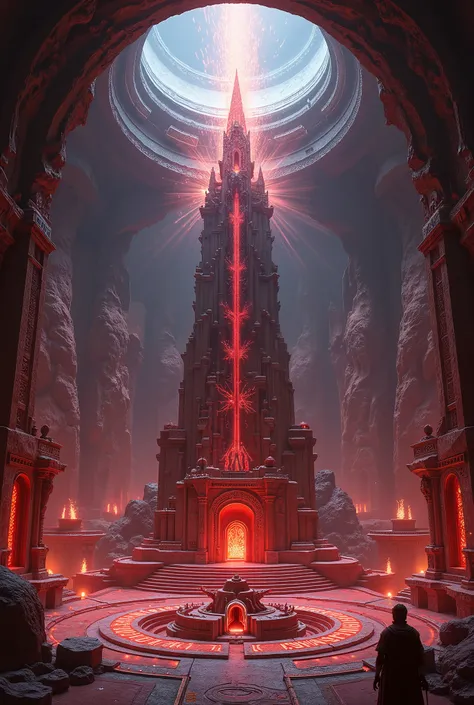 red tower spewing magic into the sky and being protected by guards