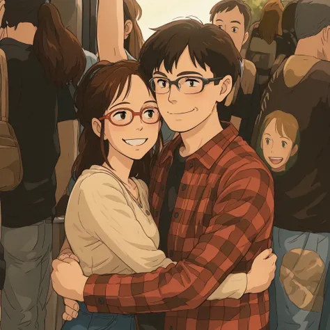Masterpiece, hd, 1 couple, 1girl, 1boy, wearing casual outfit, glasses, hugging each other, smile, studio ghibli